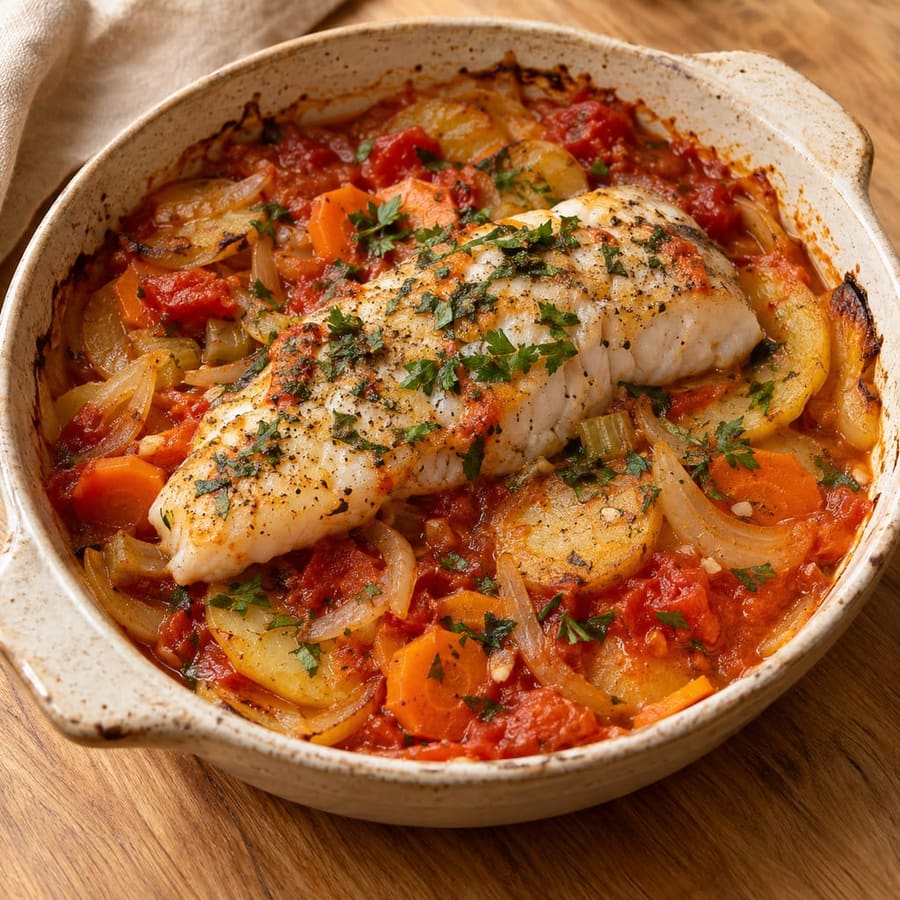Fisch Plaki (Ofenfisch mit Tomaten und Kartoffeln)