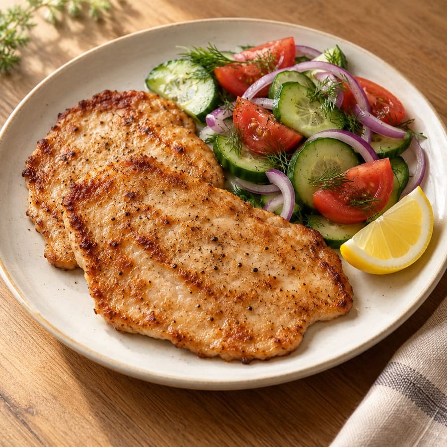 Putenschnitzel natur mit Gurken-Tomaten-Salat