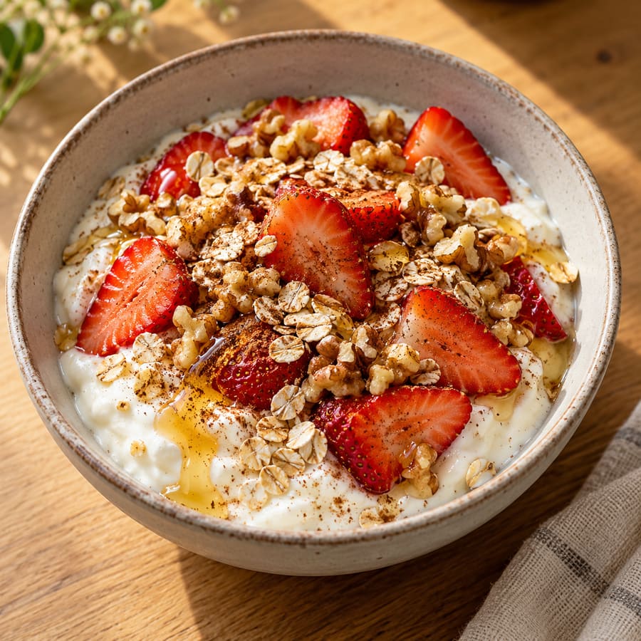 Bowl di quark con fragole, avena e miele