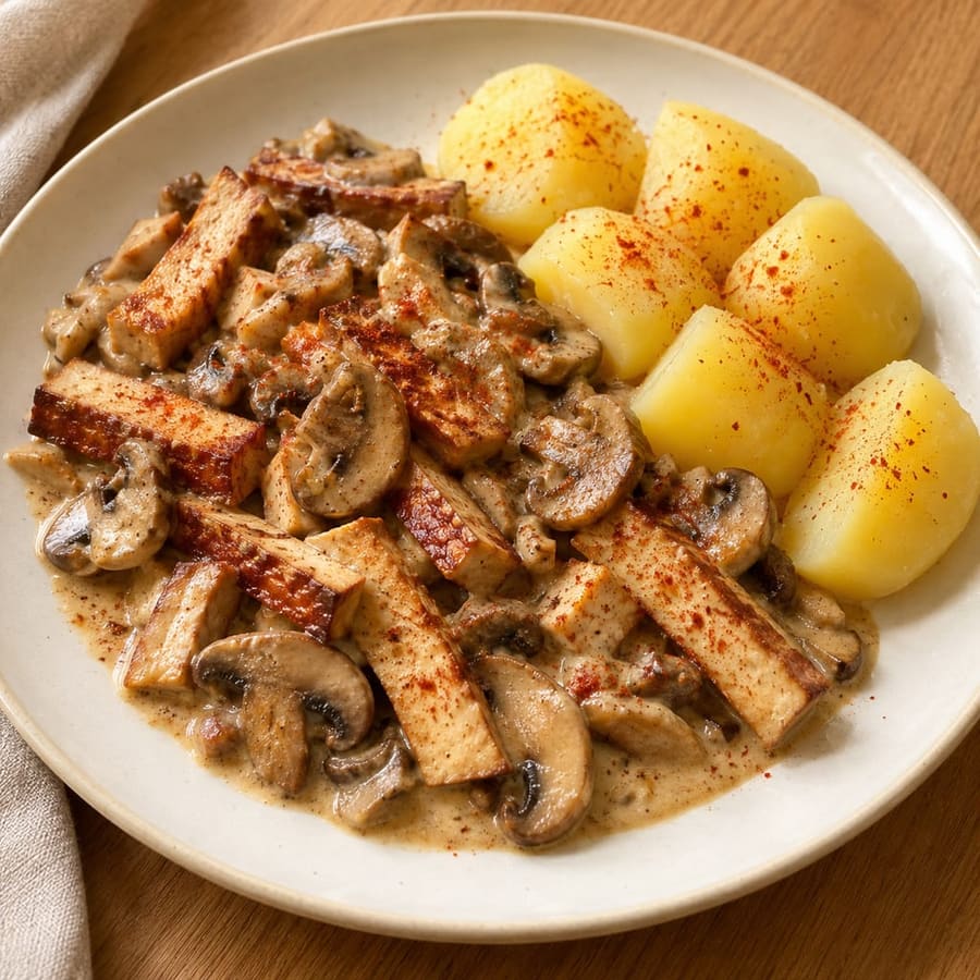 Räuchertofu-Geschnetzeltes mit Champignons und Salzkartoffeln