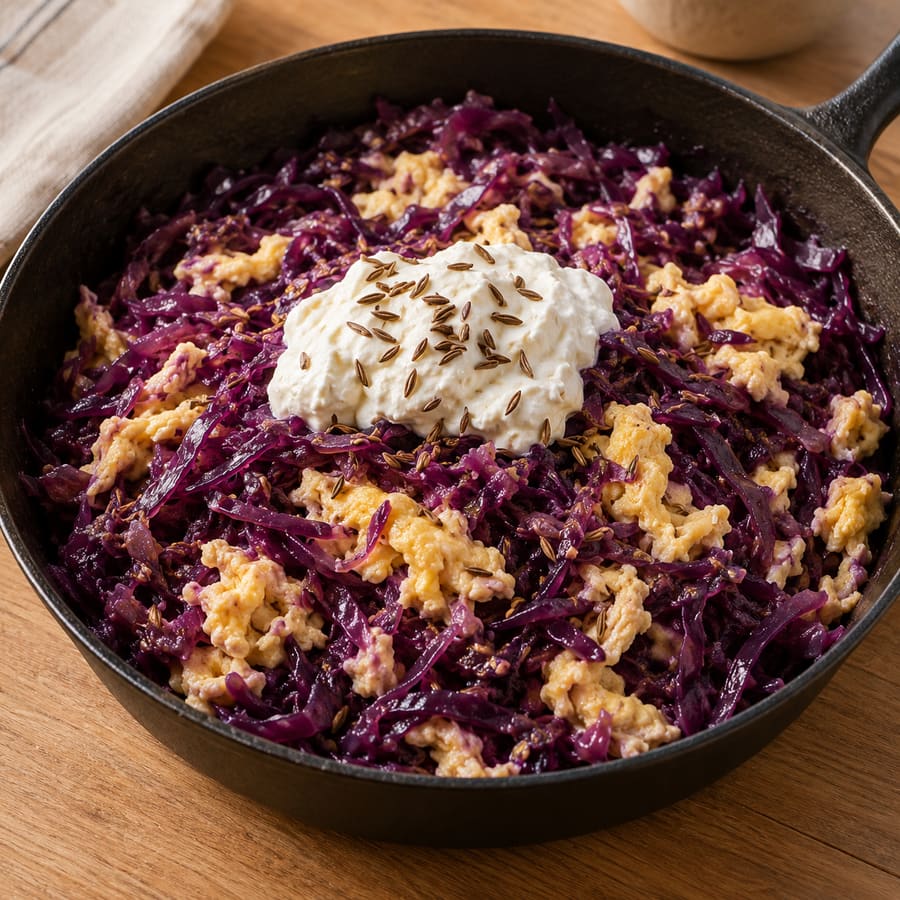 Rotkohl-Ei-Pfanne mit Kümmel und Quark