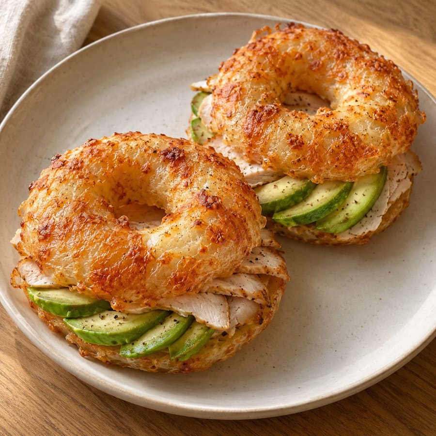 Bagel croccanti di carta di riso e formaggio con tacchino e avocado