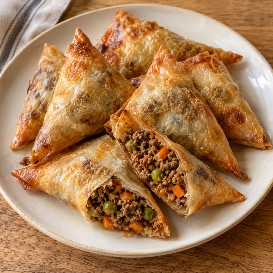 Samosa-Dreiecke aus Reispapier aus dem Airfryer mit gewürztem Hackfleisch und Gemüse