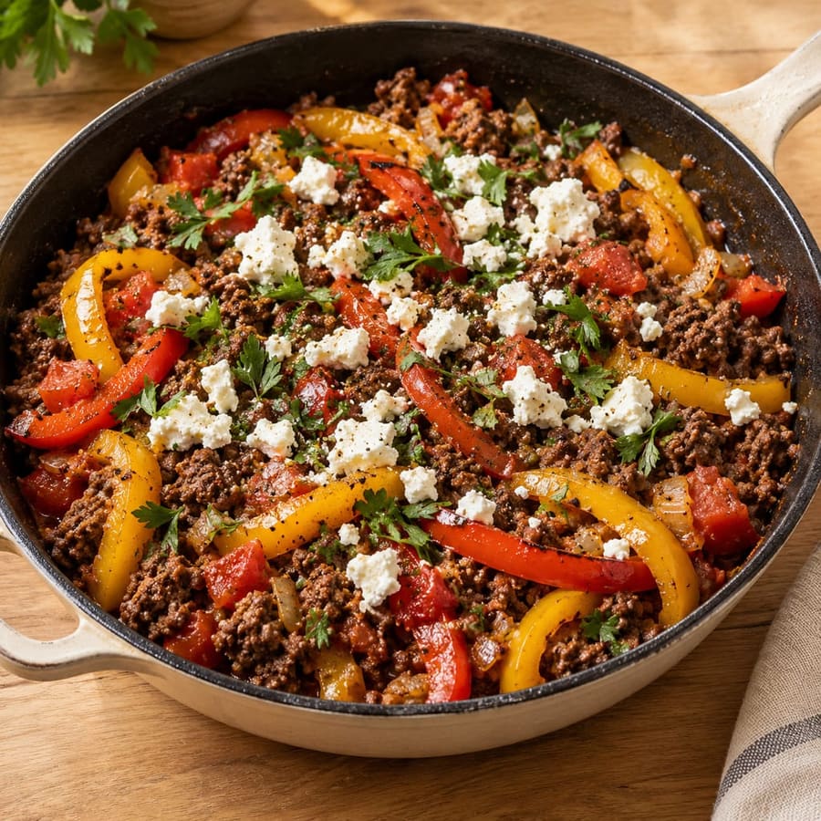 Rinderhack-Paprika-Pfanne mit Feta