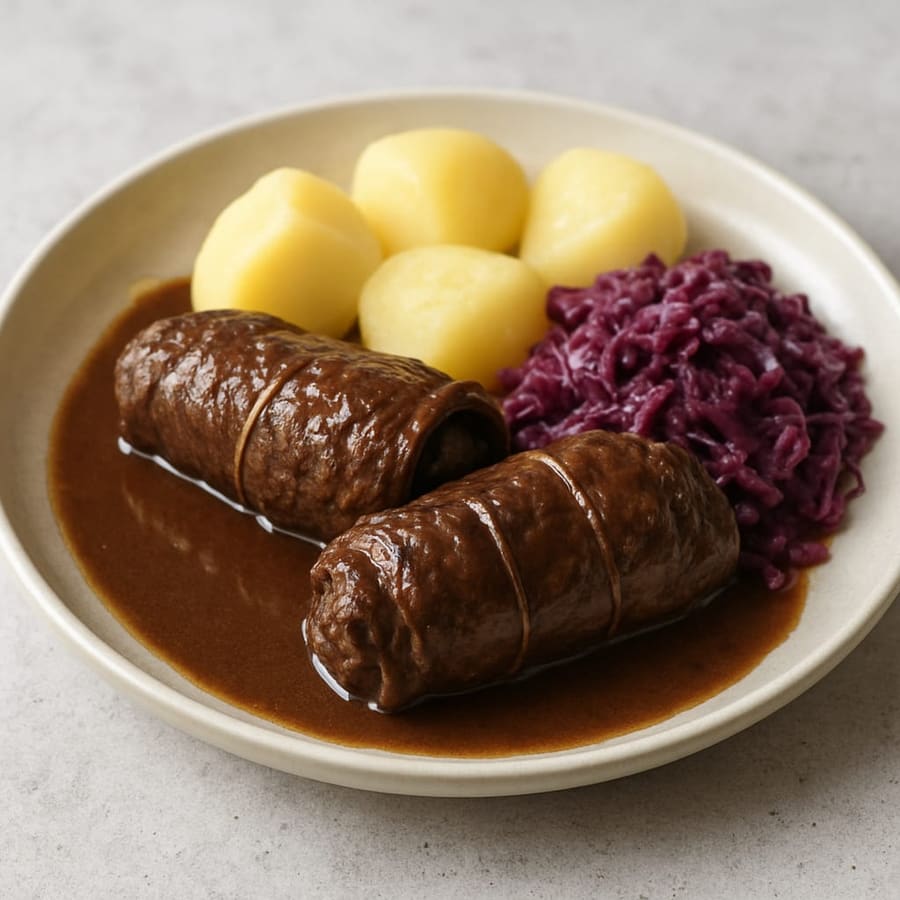 Rinderrouladen mit Rotkohl und Kartoffeln