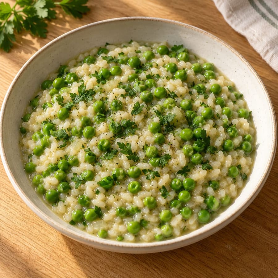 Reis mit Erbsen auf italienische Art (Risi e bisi, vegan) mit Petersilie