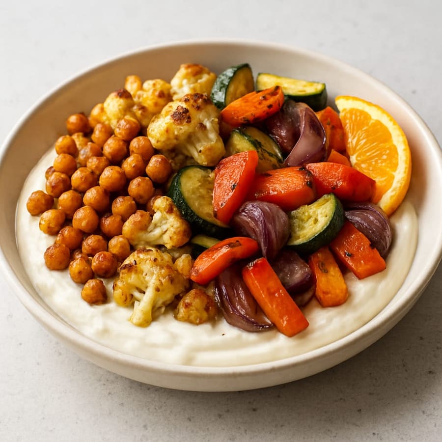 Ofengeröstete Kichererbsen und Gemüse auf Joghurt-Tahin-Zitronen-Sauce