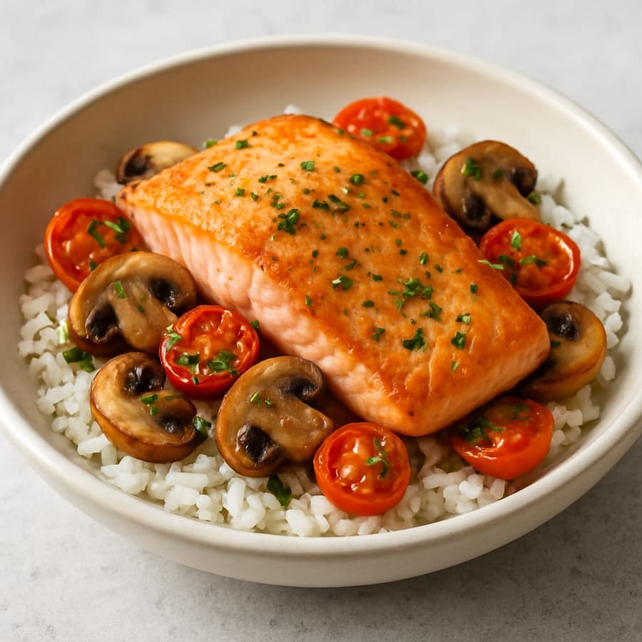 Ofenlachs mit Champignons und Tomaten auf Reis