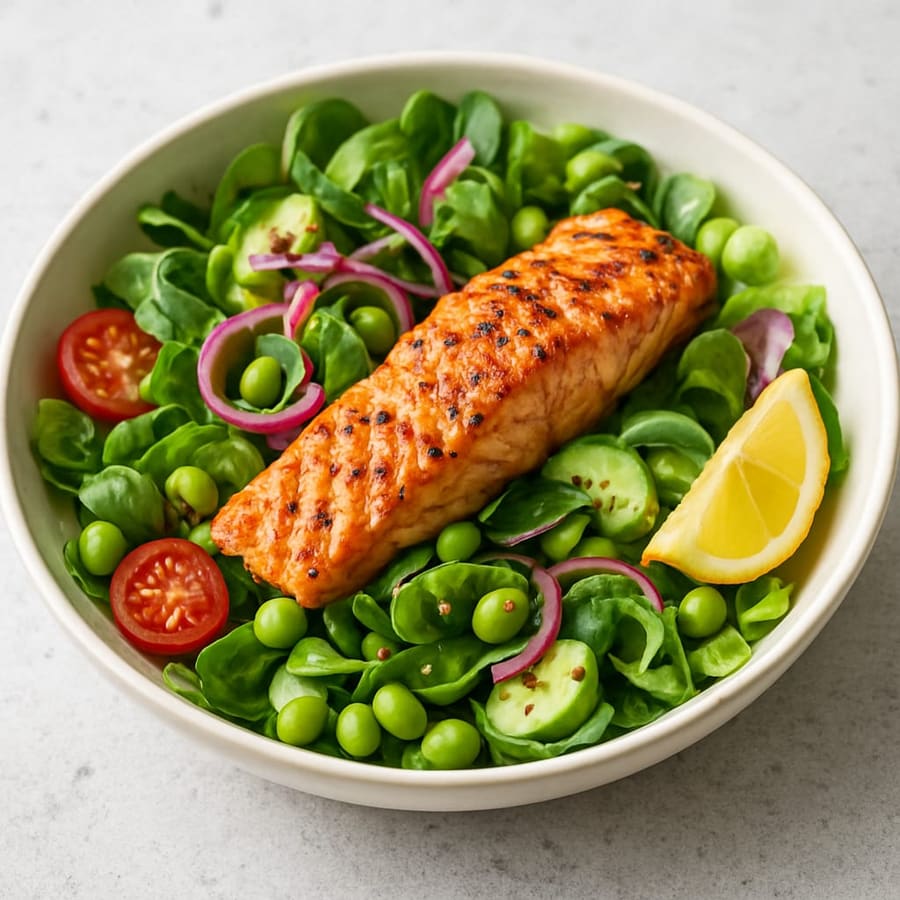 Lachssalat mit Feldsalat, eingelegter roter Zwiebel, Edamame und Soja-Sesam-Dressing