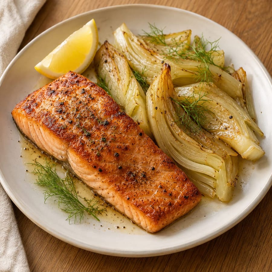 Gebratener Lachs mit geschmortem Fenchel und Zitrone