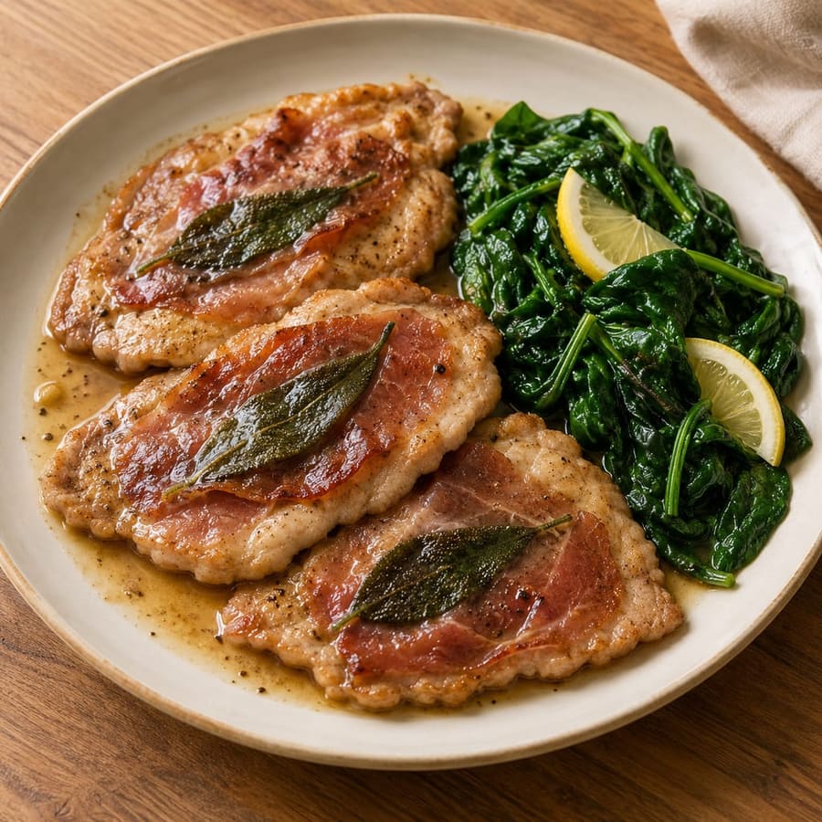 Saltimbocca alla romana: Kalbsschnitzel mit Schinken und Salbei, Zitronenspinat