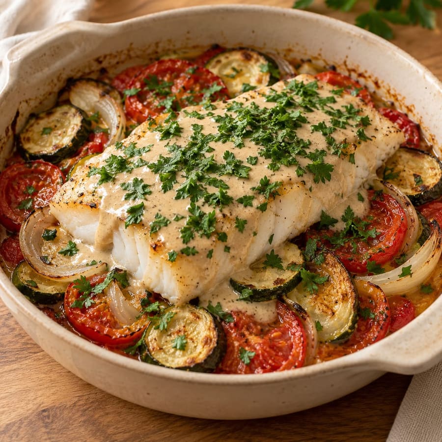 Samak bil Tahin (Kabeljau aus dem Ofen mit Tahin-Sauce und Tomaten)