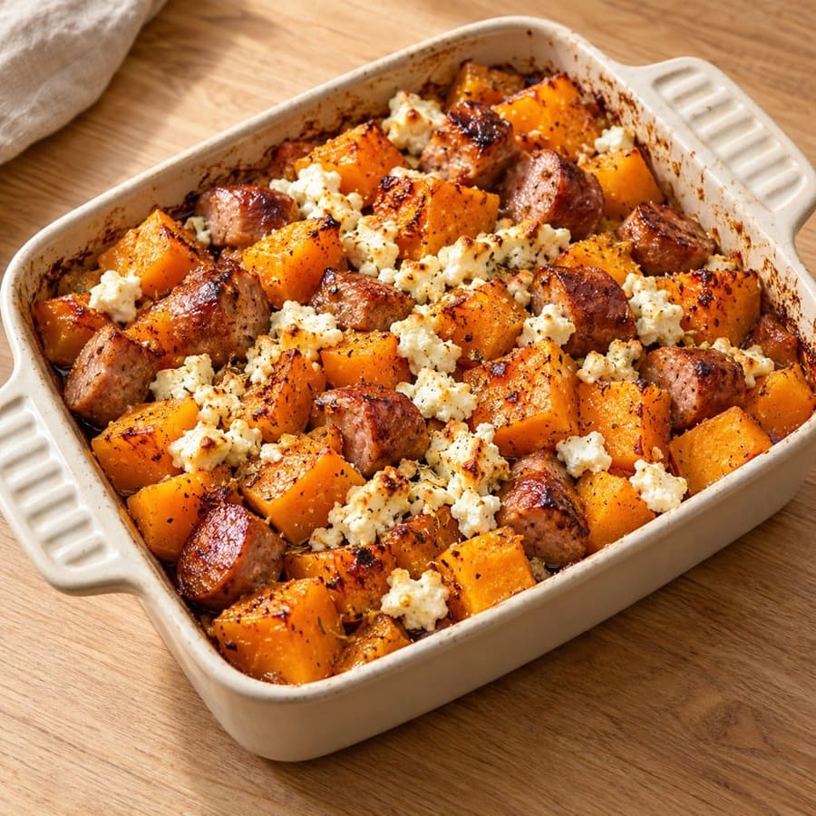 Ofenblech mit Würstchen, Butternut und Feta
