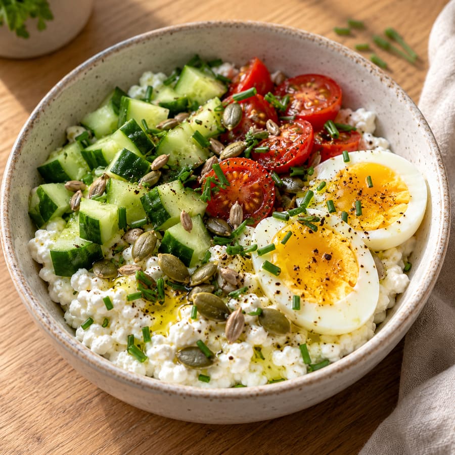 Herzhafte Hüttenkäse-Bowl mit Gurke, Kirschtomaten und Ei
