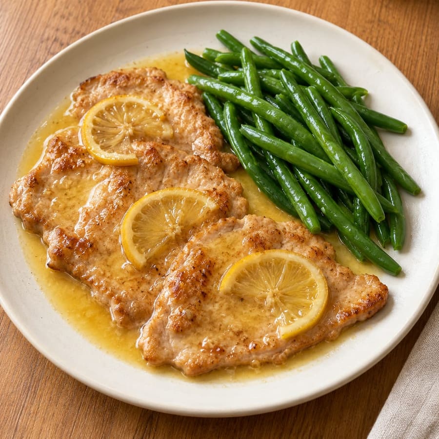Kalbsschnitzel al limone mit grünen Bohnen