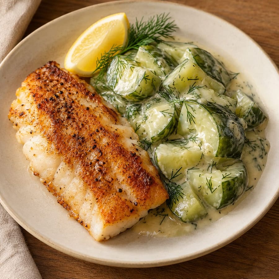 Schmorgurken mit Seelachs und Dill
