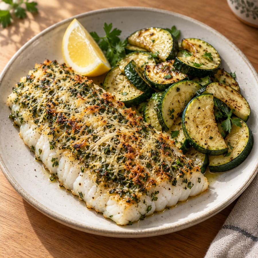 Seelachs mit Kräuterkruste und Zucchini