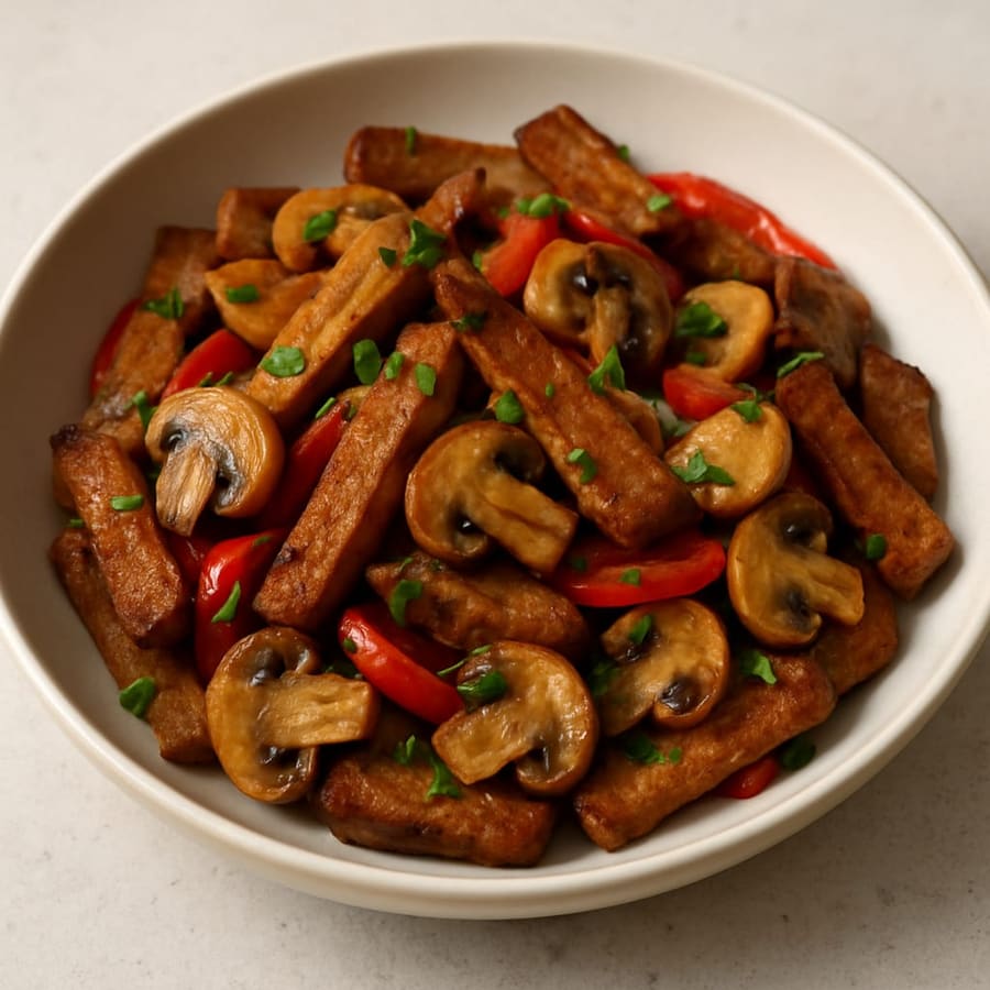 Knoblauch-Seitan mit Champignons und Paprika