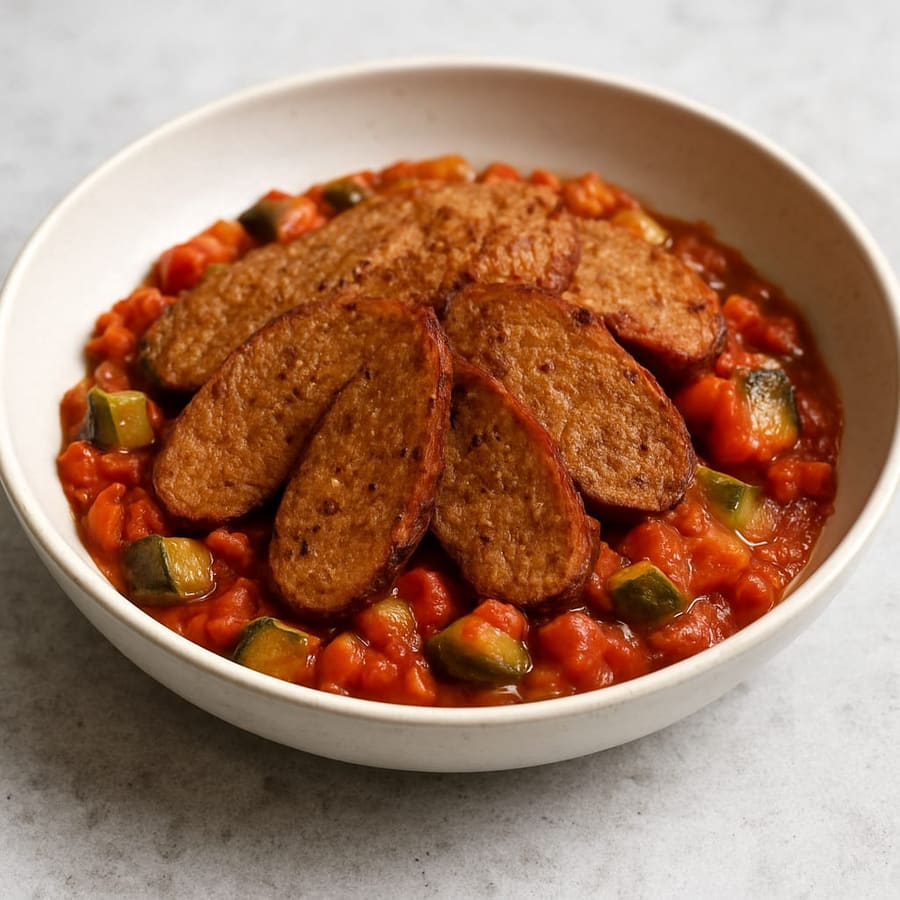 Gebratener Seitan mit Pisto (spanisches Gemüse)