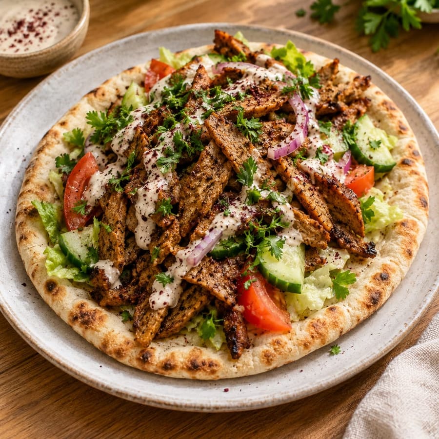 Seitan-Shawarma mit Salat und Tahini