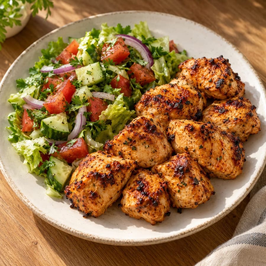 Shish Tawook (Joghurt-Hähnchen) mit Tomaten-Gurken-Salat