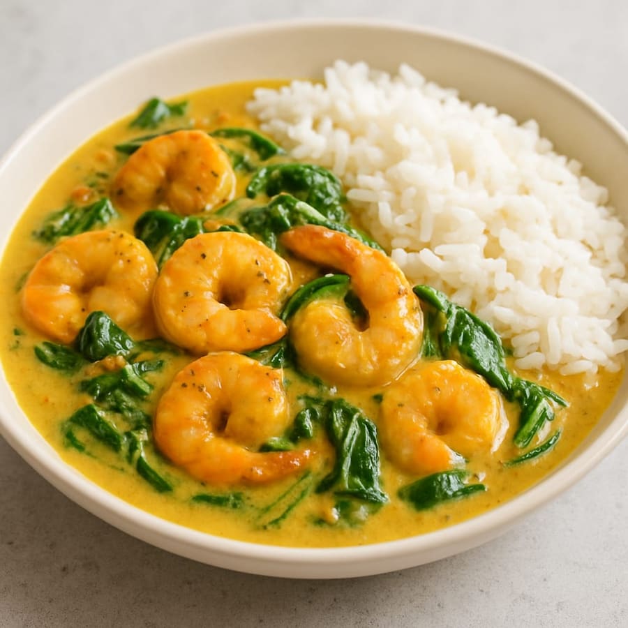 Garnelen-Kokos-Curry mit Spinat