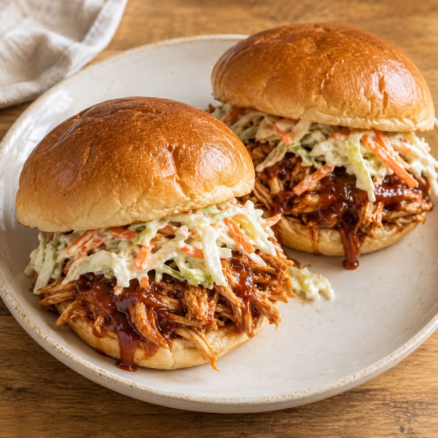 BBQ-Pulled-Chicken-Burger mit Coleslaw aus dem Slow Cooker