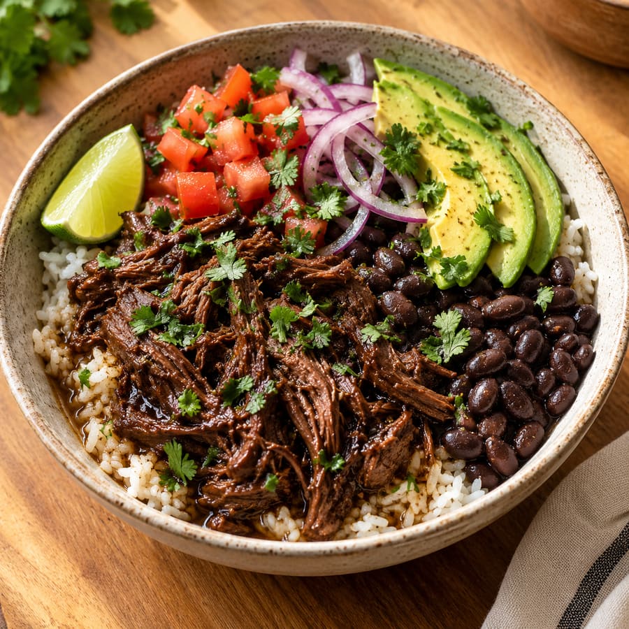 Rinder-Barbacoa-Bowl mit Reis und Bohnen