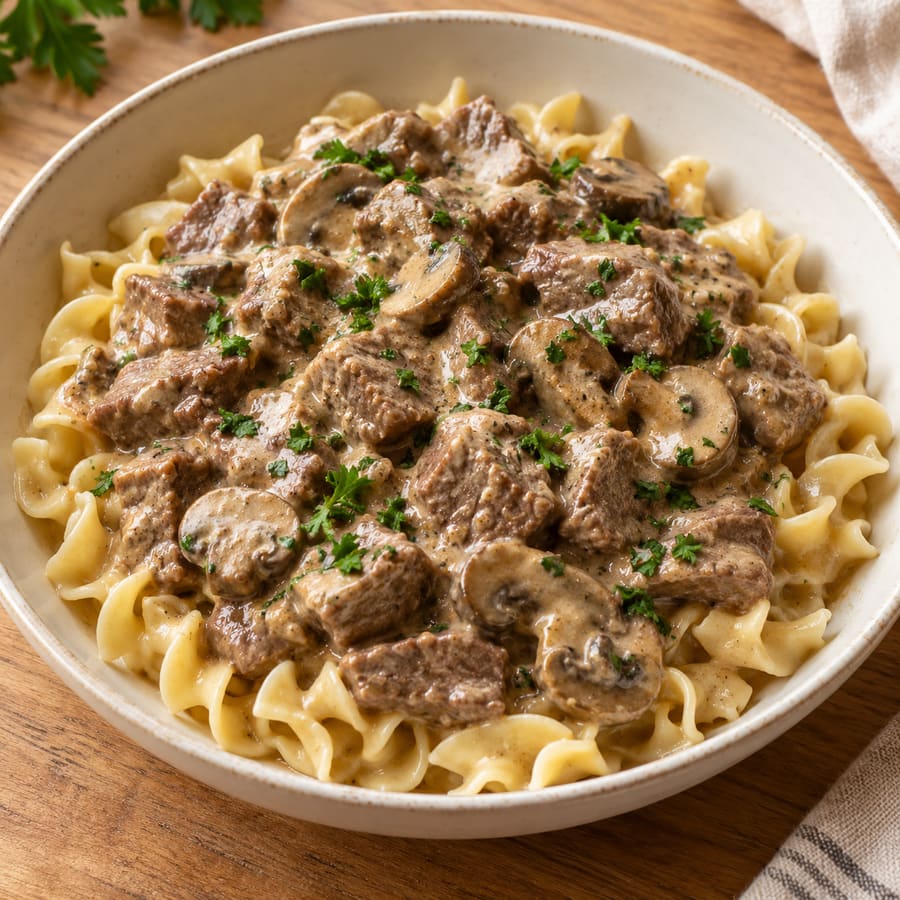 Rinder-Stroganoff mit Champignons und Eiernudeln aus dem Slow Cooker