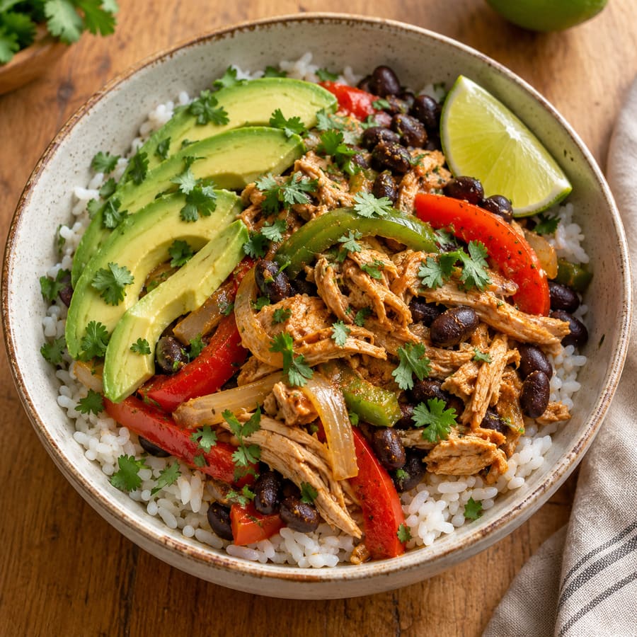 Hähnchen-Fajita-Bowls aus dem Slow Cooker mit Reis