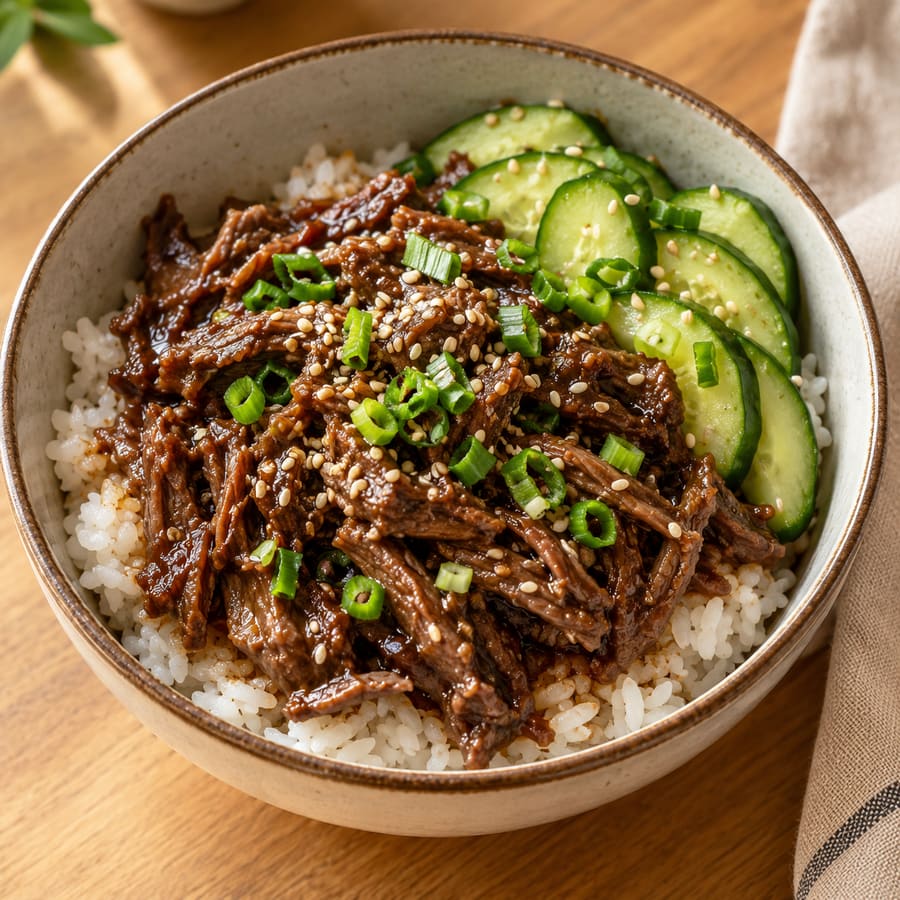 Koreanische Rinder-Bowl aus dem Slow Cooker mit Reis