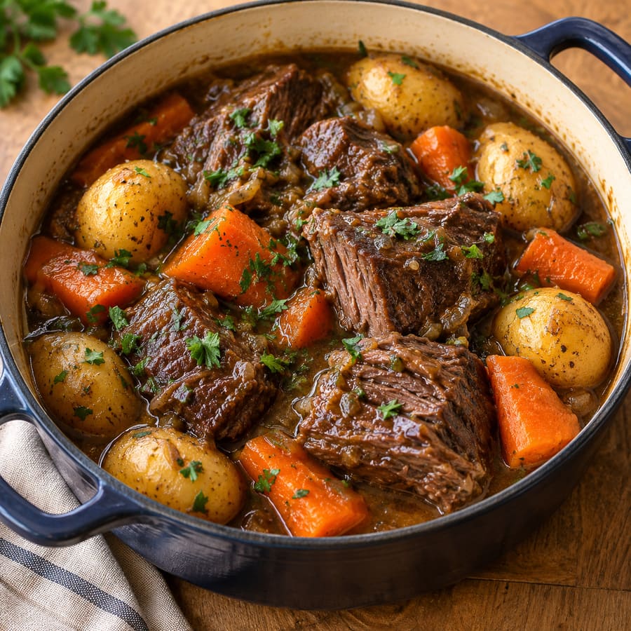 Rinderschmorbraten mit Kartoffeln und Karotten aus dem Slow Cooker