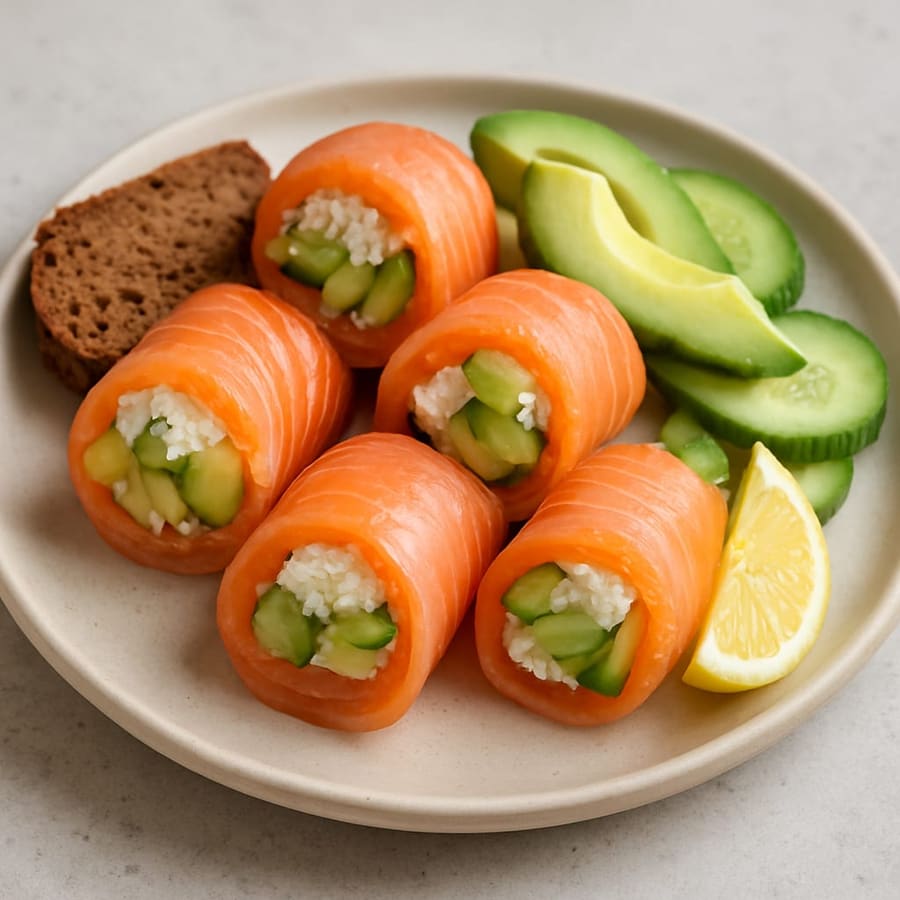Räucherlachs-Röllchen mit Ricotta, Avocado und Gurke