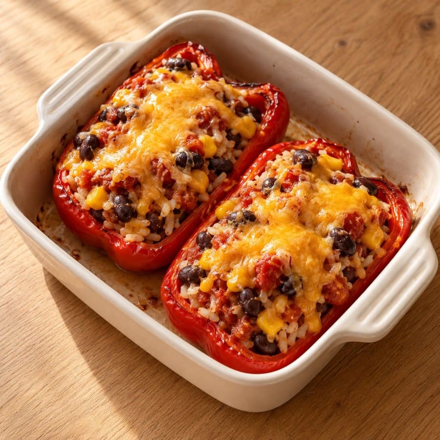Paprika mit Reis, schwarzen Bohnen und Paprikapulver