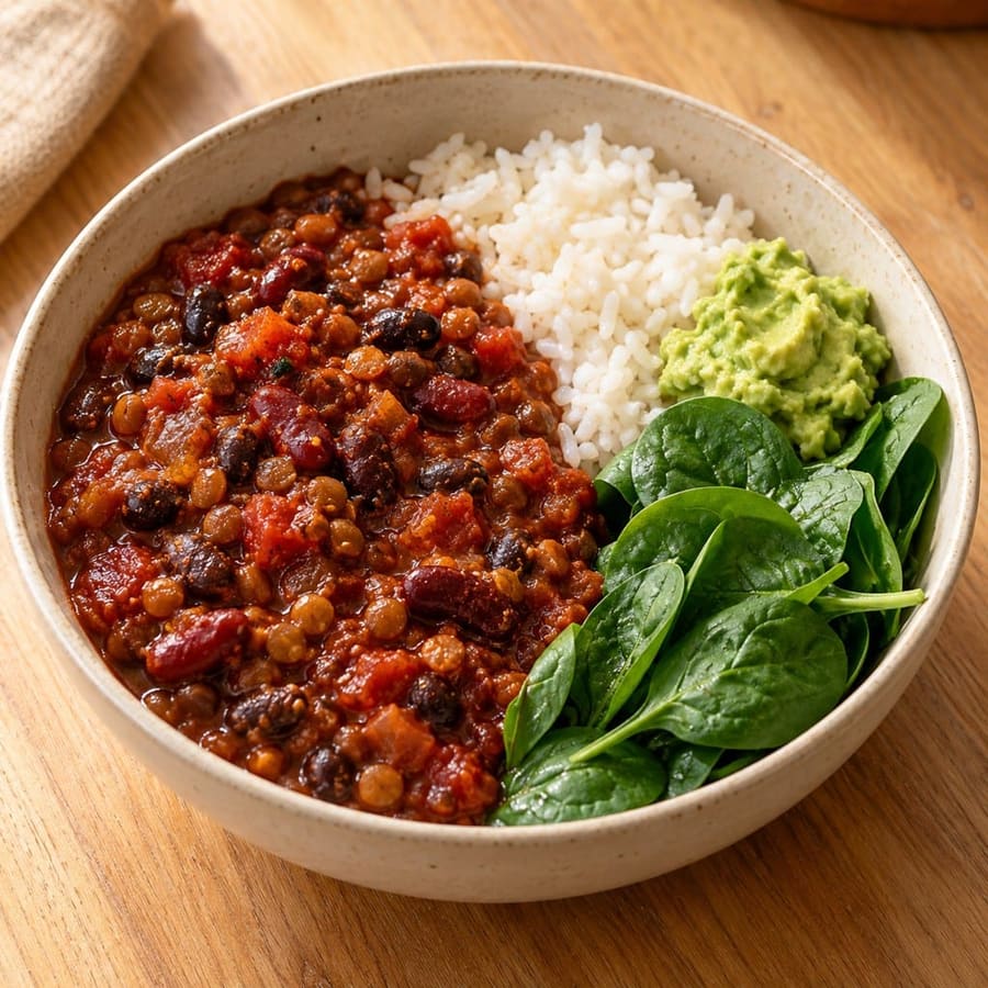 Smoky three-legume chili with rice