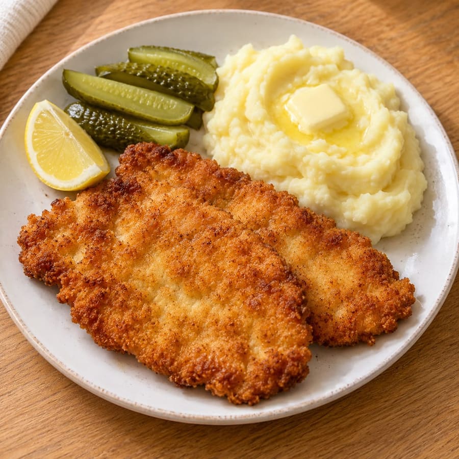 Șnițel de pui (paniertes Hähnchenschnitzel) mit Kartoffelpüree und Gurken