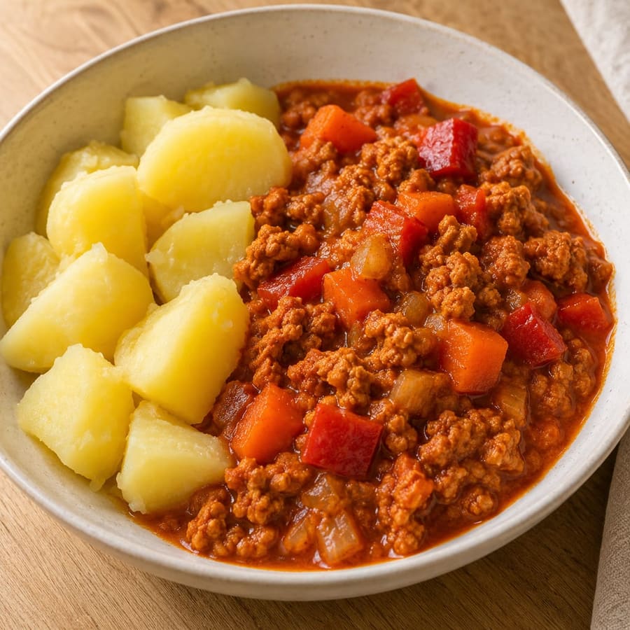 Soja-Gulasch mit Paprika und Salzkartoffeln