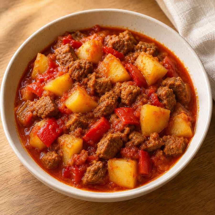 Geschmortes Sojagranulat mit Kartoffeln und Paprika