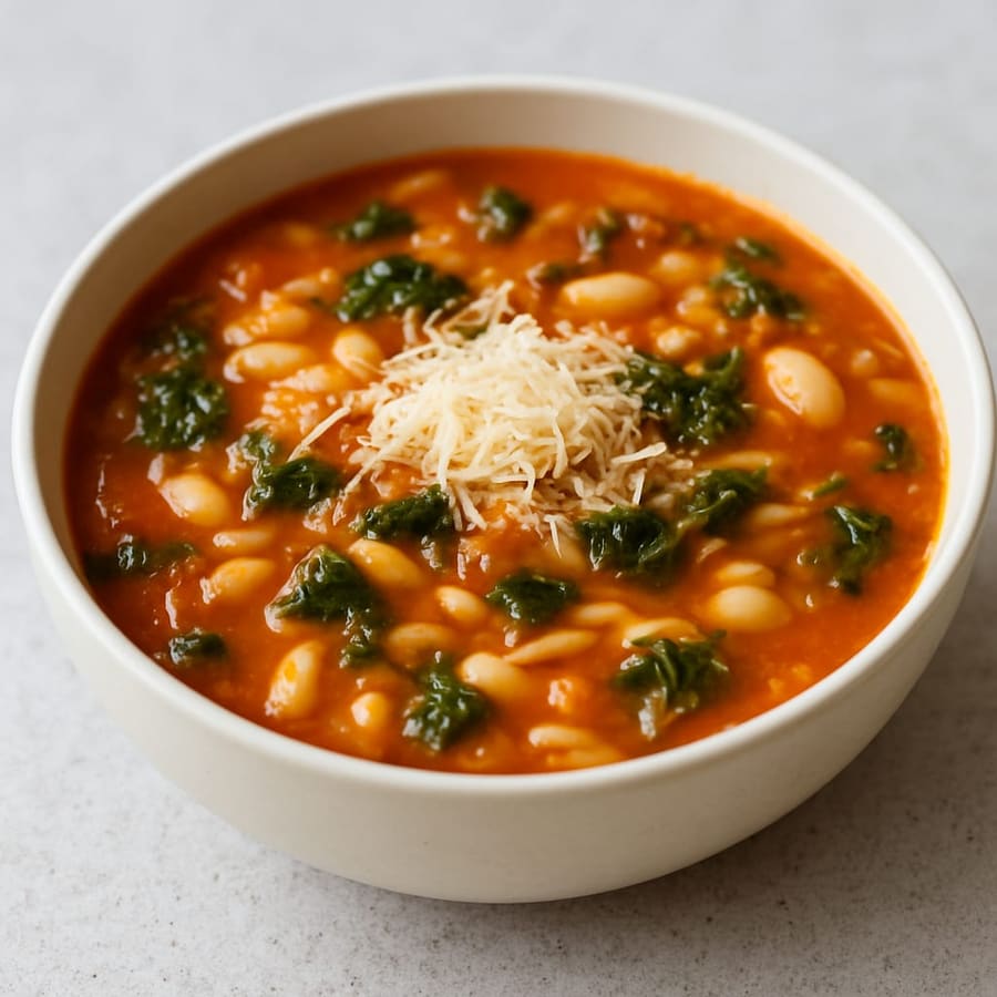 Tomaten-Bohnen-Suppe mit Orzo und Grünkohl