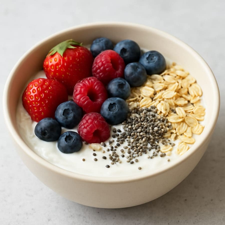 Soy yogurt with berries, oats and chia