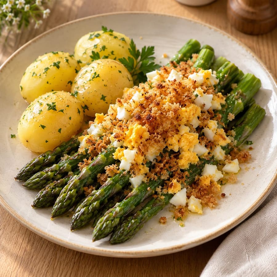 Grüner Spargel Polonaise mit Ei, Butterbröseln und Kartoffeln
