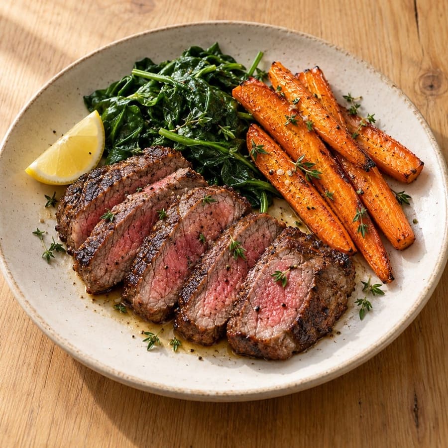 Rindersteak mit Spinat und Karotten