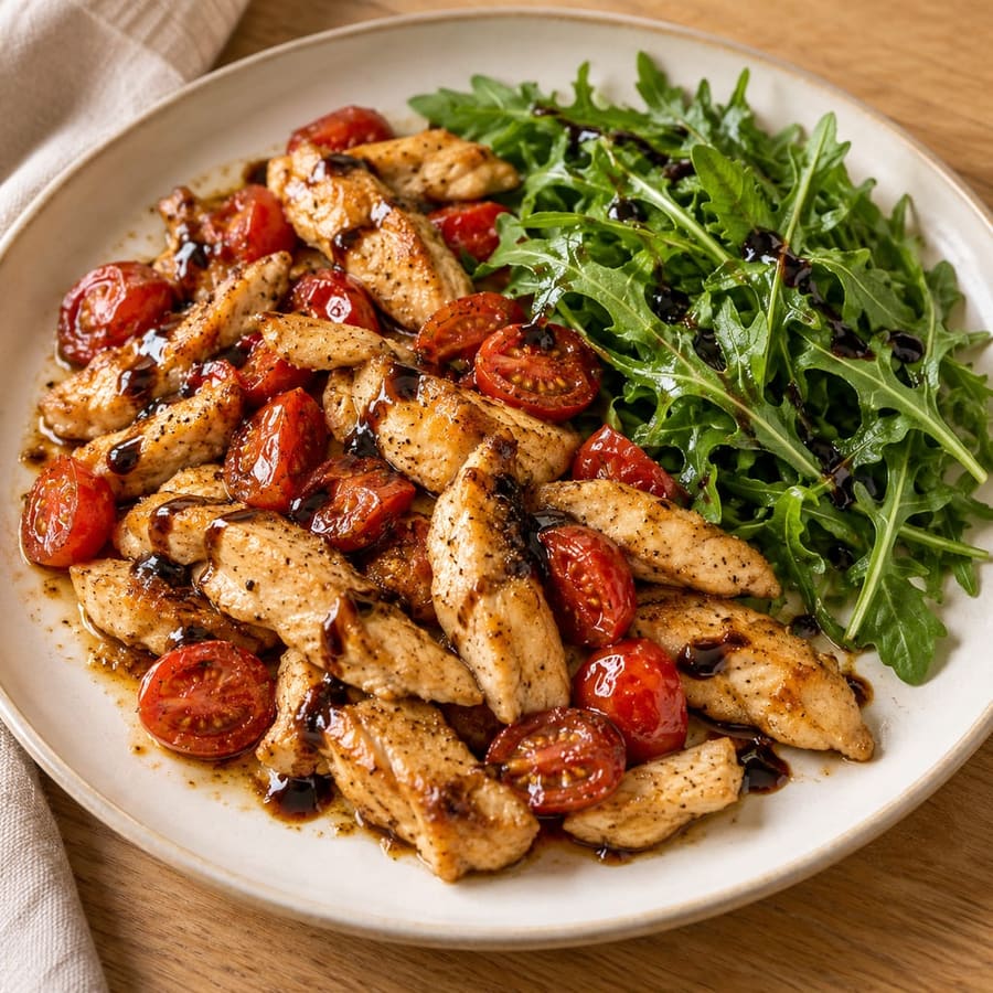 Hähnchenstreifen mit Rucola und Kirschtomaten (Straccetti di pollo)