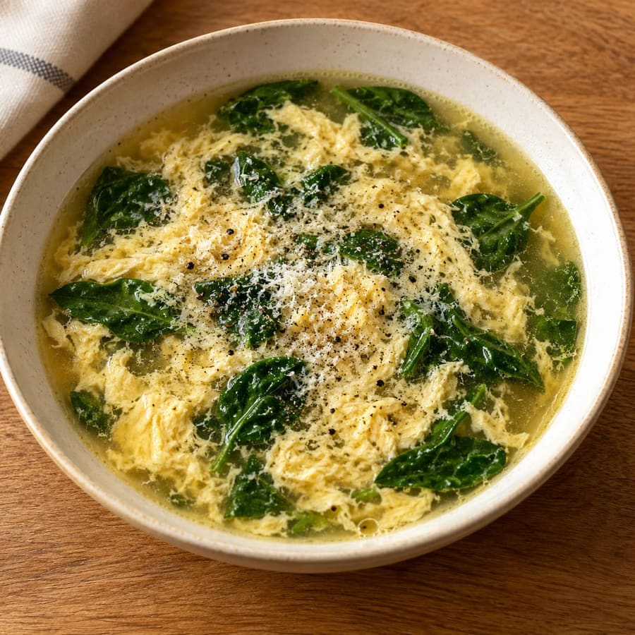 Italienische Stracciatella-Suppe mit Ei, Parmesan und Spinat
