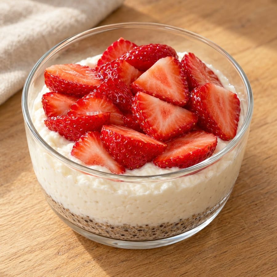 Cheesecake al bicchiere con fragole, chia e lino