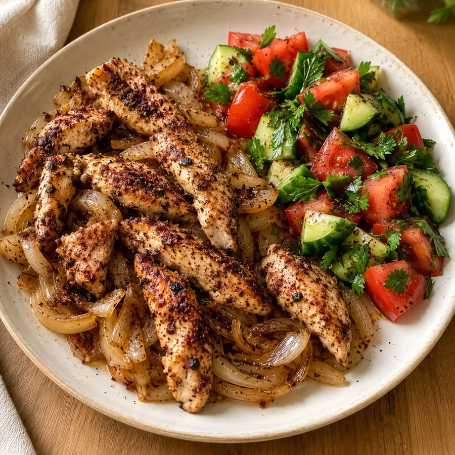 Sumach-Hähnchen mit geschmorten Zwiebeln und frischem Salat