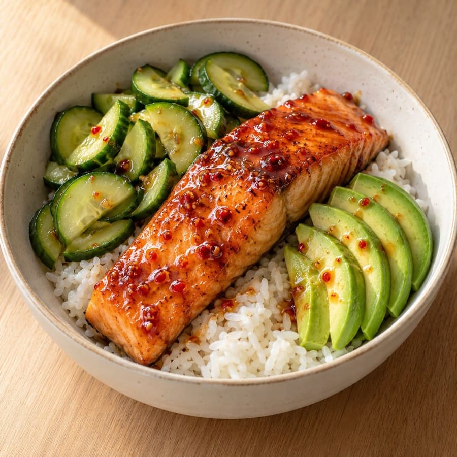 Lachs-Reis-Bowl mit süßer Chilisauce