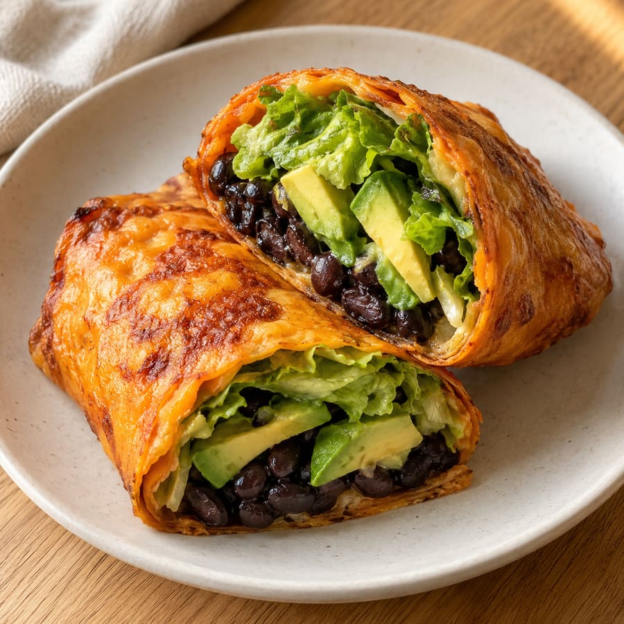 Süßkartoffel-Käse-Wrap mit schwarzen Bohnen, Avocado und Salat