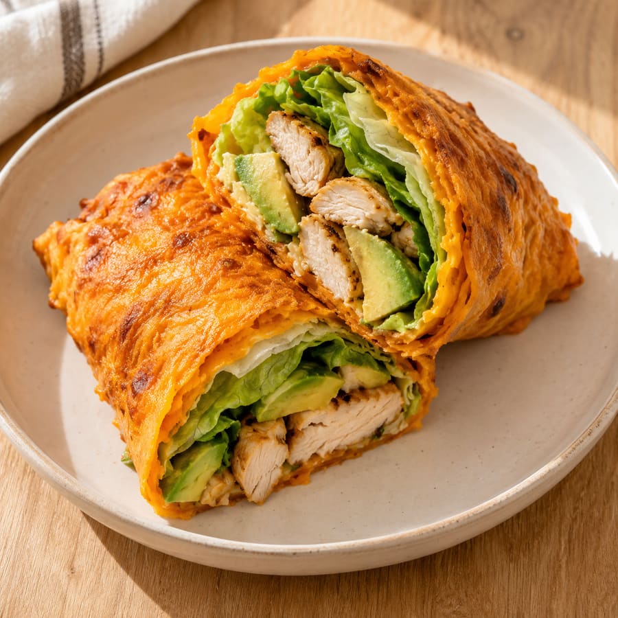 Süßkartoffel-Käse-Wrap mit Hähnchen, Avocado und Salat