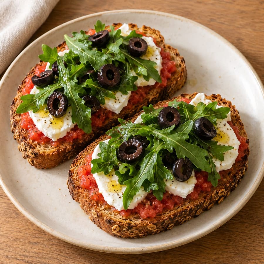 Toast con formaggio fresco, rucola, pomodoro e olive